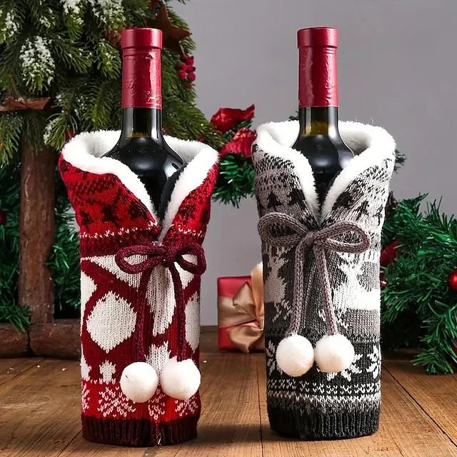 Fundas navideñas para vino, fundas para botellas de vino tejidas con bolas peludas, decoraciones navideñas, productos de ambiente, fundas festivas para botellas de vino para el hogar, suministros para pequeñas empresas