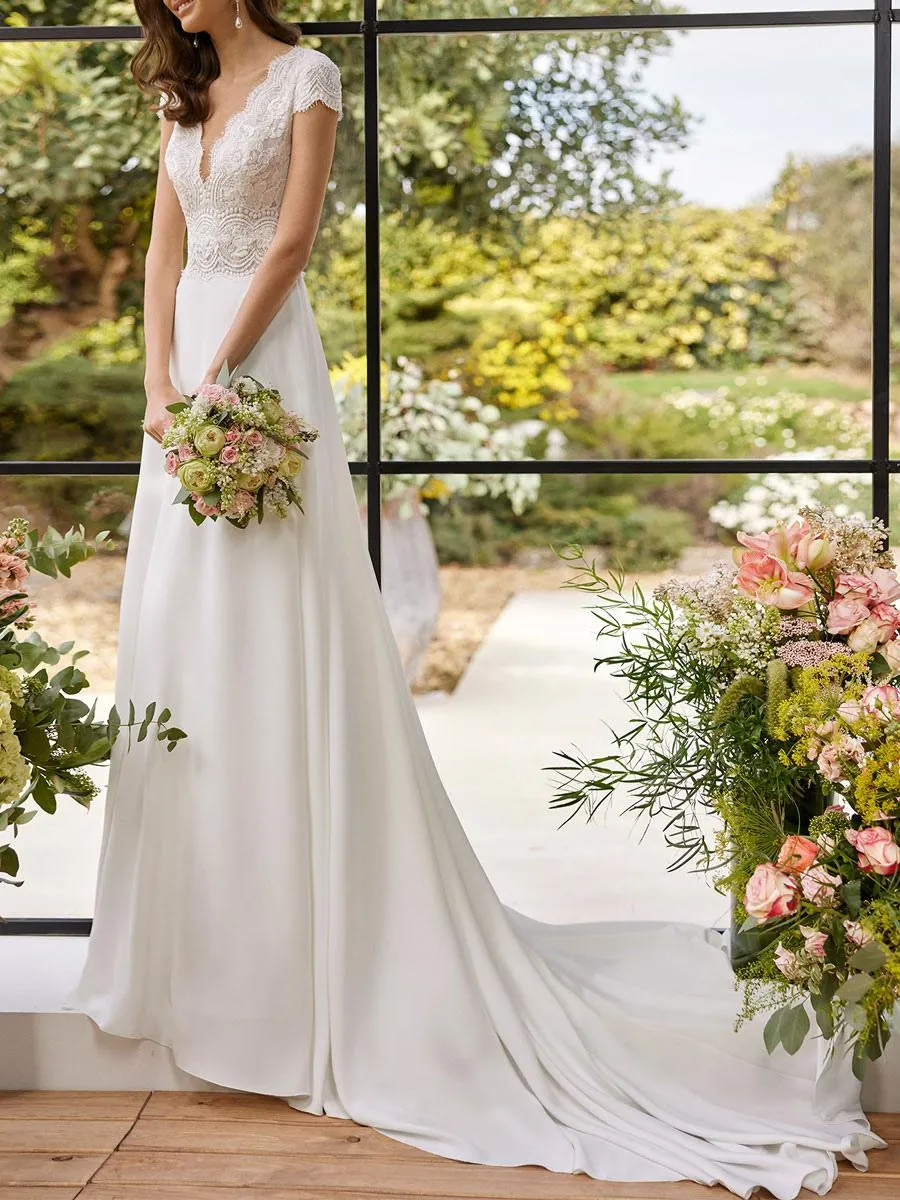 Vestido de novia simple Stretch Crepe Escote en V Manga corta Encaje A-Line Vestidos de novia Personalización gratuita