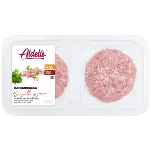 Bandeja de hamburguesas mixtas (pavo y pollo) ALDELÍS 4 x 80 g.