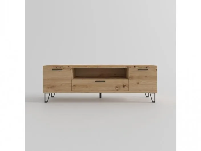 Mesa tv. 2 puertas,hueco y 1 cajón con patas diáfanas color artisan-negro de 160 cm.