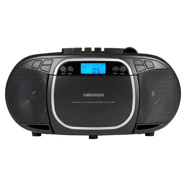 MEDION® LIFE® E66476 Reproductor de CD / MP3 / casetes, pantalla LC con luz de fondo, PLL-FM estéreo, reproducción de música desde una memoria USB, 2 x 20 W de potencia máxima de salida de música