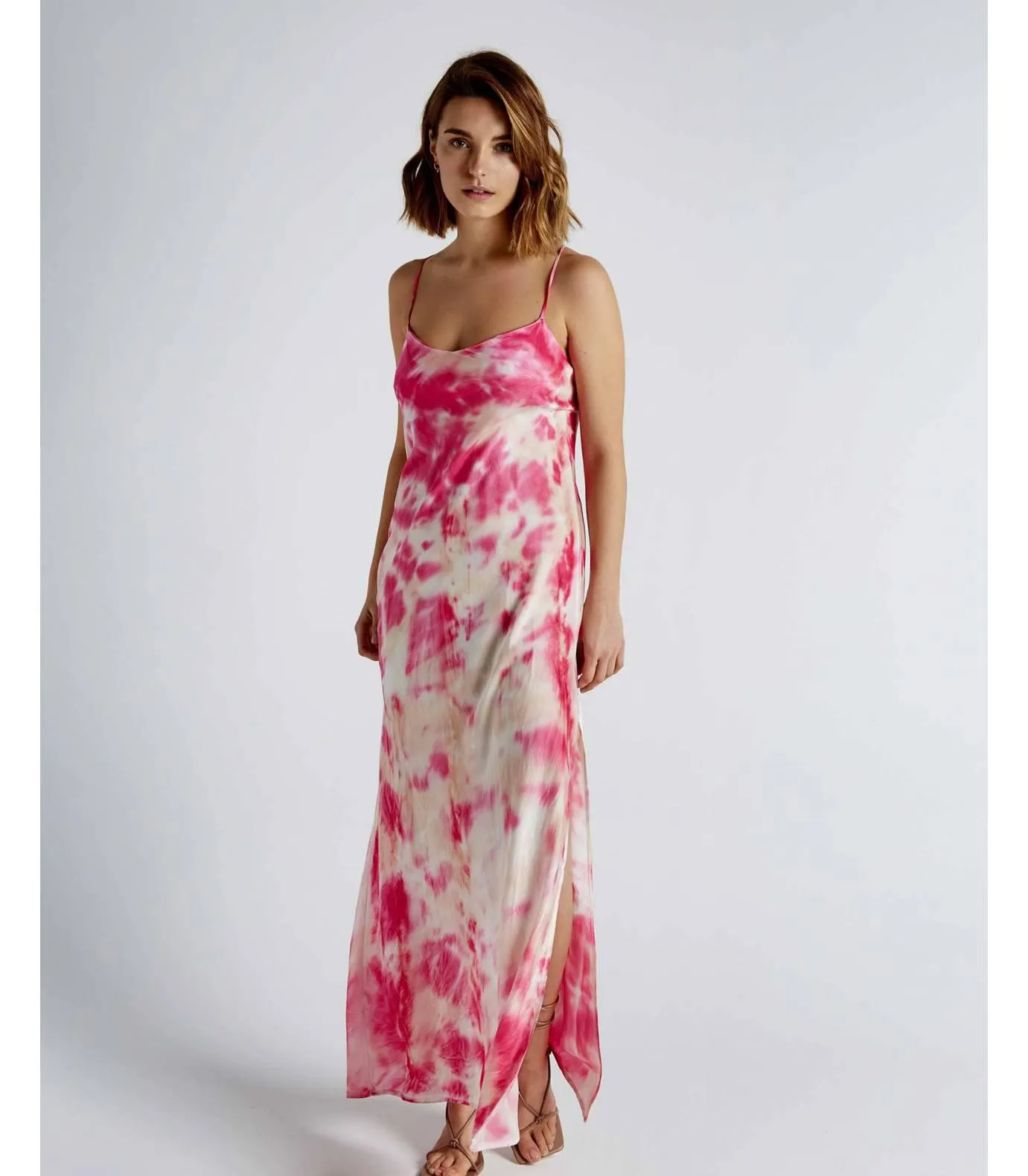 Vestido largo de seda tye dye color naranja