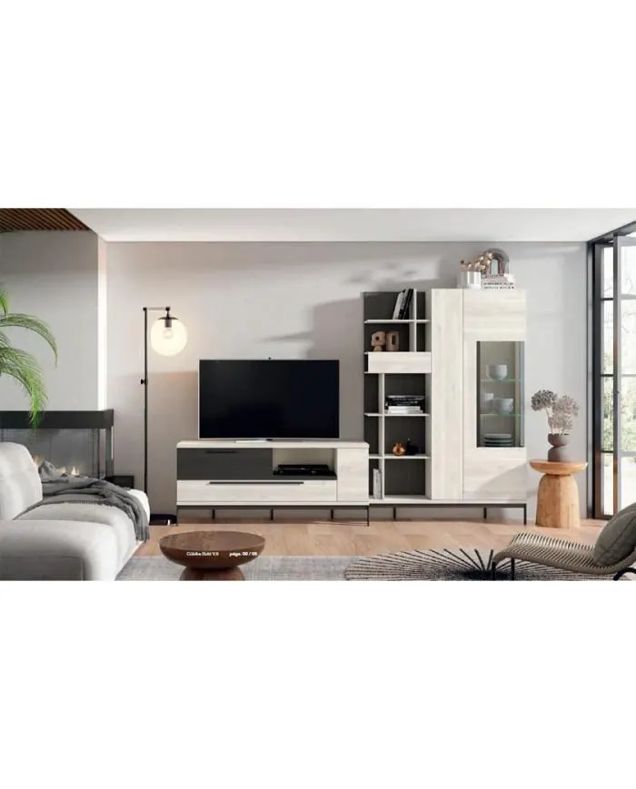 Mueble de comedor con estantería y vitrina en color blanco nordic en Nattex