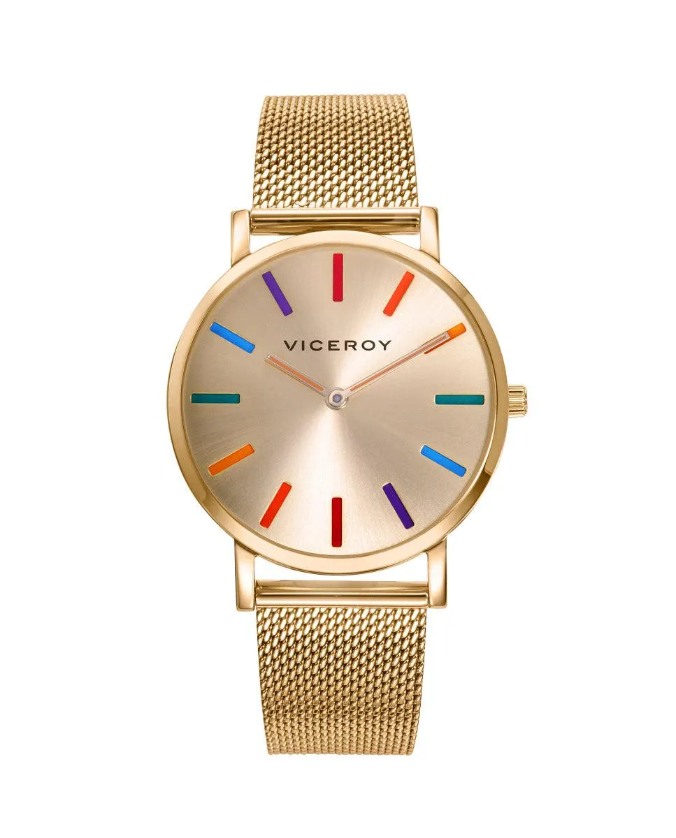 Reloj de mujer Kiss de acero con esfera dorada e índices de colores