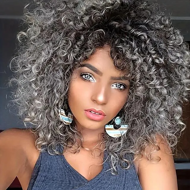 Pelucas rizadas cortas afro grises ombre de 12 pulgadas para mujeres pelucas rizadas rizadas pelucas de pelo sintético resistentes al calor para uso diario en fiestas de halloween