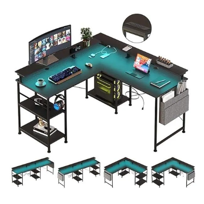 Escritorio de esquina en forma de L Tbfit, escritorio de computadora reversible con toma de corriente y tira de LED, escritorio para juegos con soport