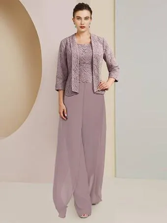Vestido de fiesta para la madre de la novia Cuello joya Mangas 3/4 Vestidos de invitados de boda de encaje de dos piezas