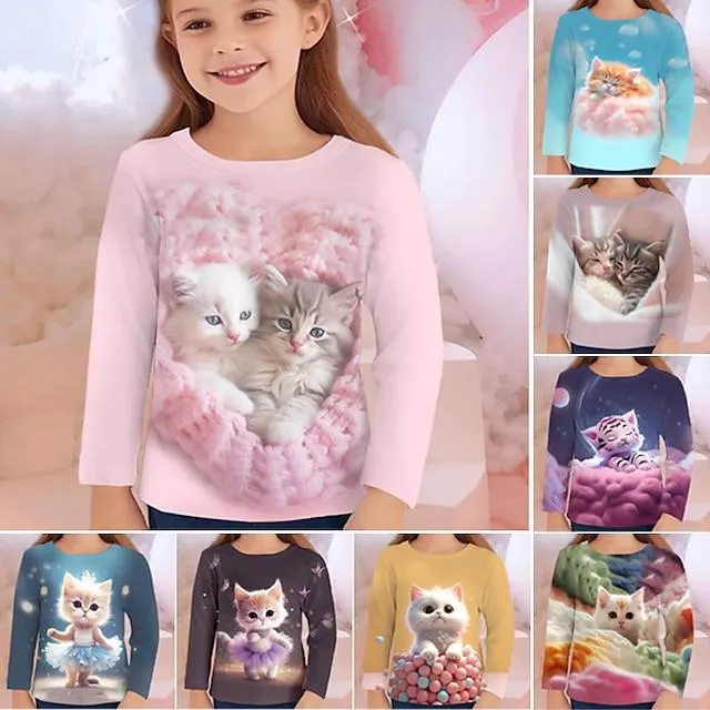 Chica 3D Graphic Caricatura Gato Camiseta Manga Larga Impresión 3D Verano Otoño Activo Moda Estilo lindo Poliéster Niños 3-12 años Exterior Casual Diario Ajuste regular