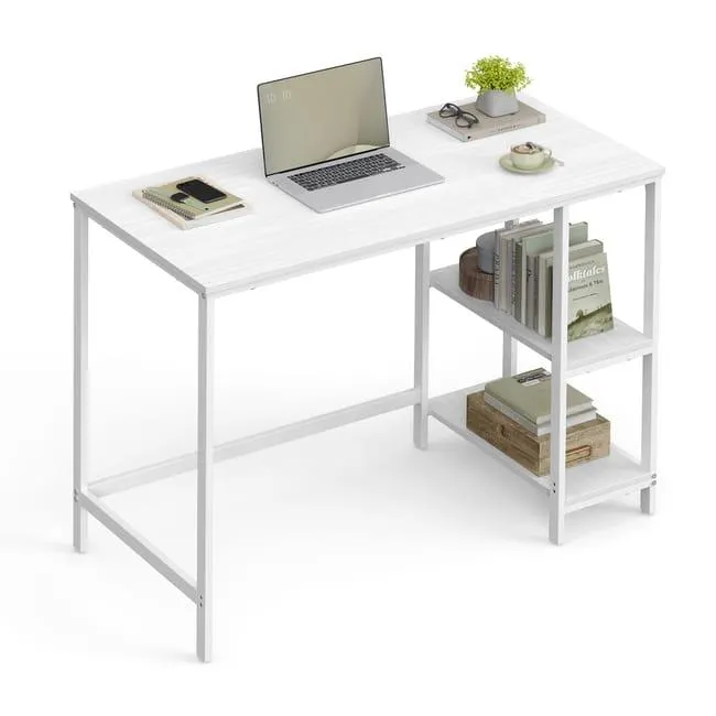 Escritorio industrial con 2 estantes ajustables - mesa de trabajo para oficina o salón, estructura de acero, marrón rústico y negro tinta, blanco arce