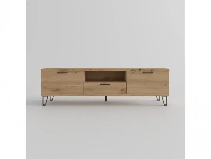 Mesa tv. 2 puertas,hueco y 1 cajón con patas diáfanas color artisan-negro de 180 cm.