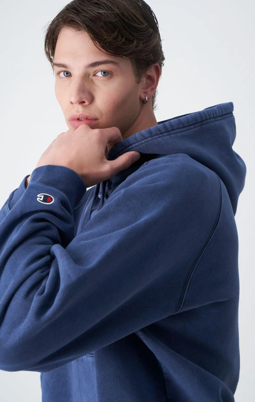 Dark Blue Sudadera de felpa perchada gruesa teñida en prenda con capucha