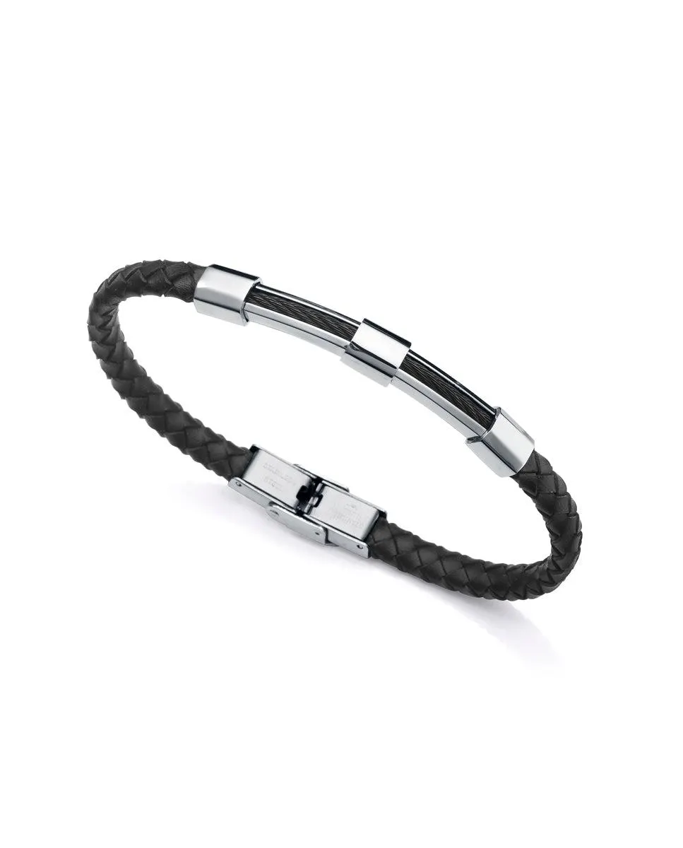 Pulsera Beat de acero con piel negra y cable Ip negro