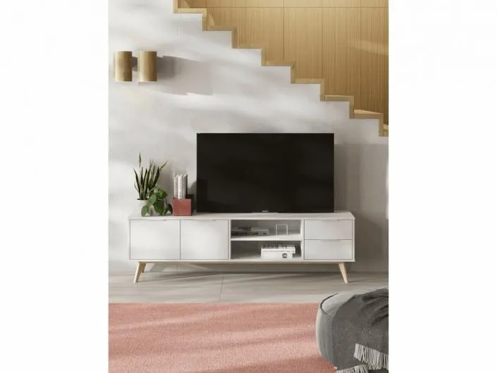 Mueble tv 2 puertas 2 cajones y 2 huecos color blanco y cera blanca