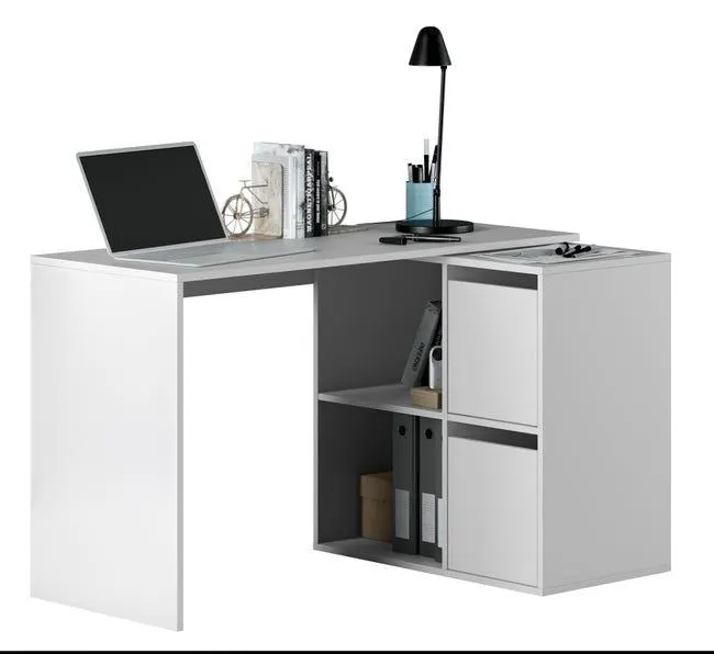 Mobelcenter - Mesa Escritorio Adapta multiposición Reversible con 2 Cajones y 2 Estantes - Blanco Artik - 120-152cm x 49-77cm x 74cm - (1266)