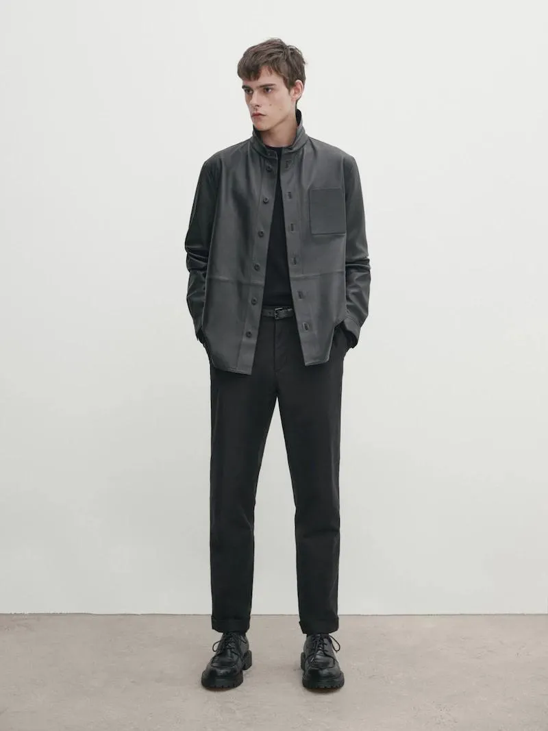 Camisa piel napa negra bolsillo pecho