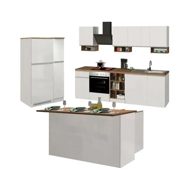Cocina completa Daquilant, Conjunto de cocina modular, Cocina modular con múltiples elementos, 100% Made in Italy, Blanco brillo y roble