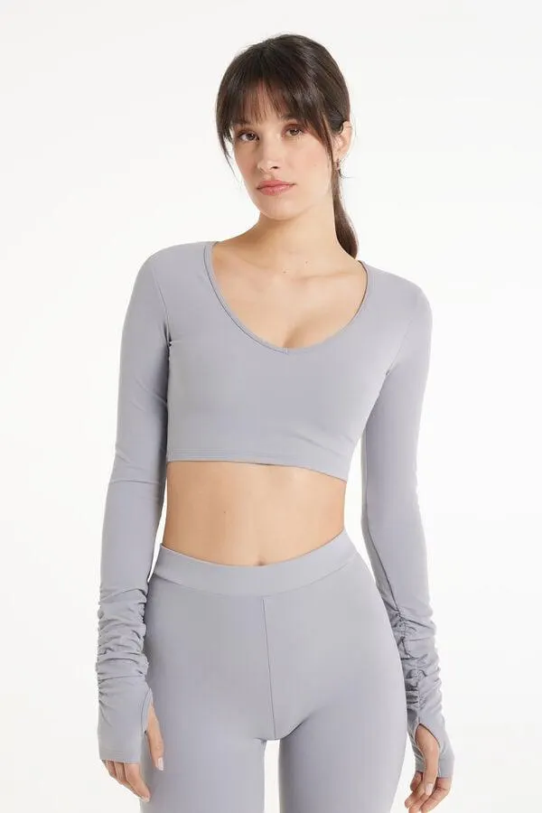 Top Corto Scollo a Cuore Maniche Lunghe in Microfibra Morbida