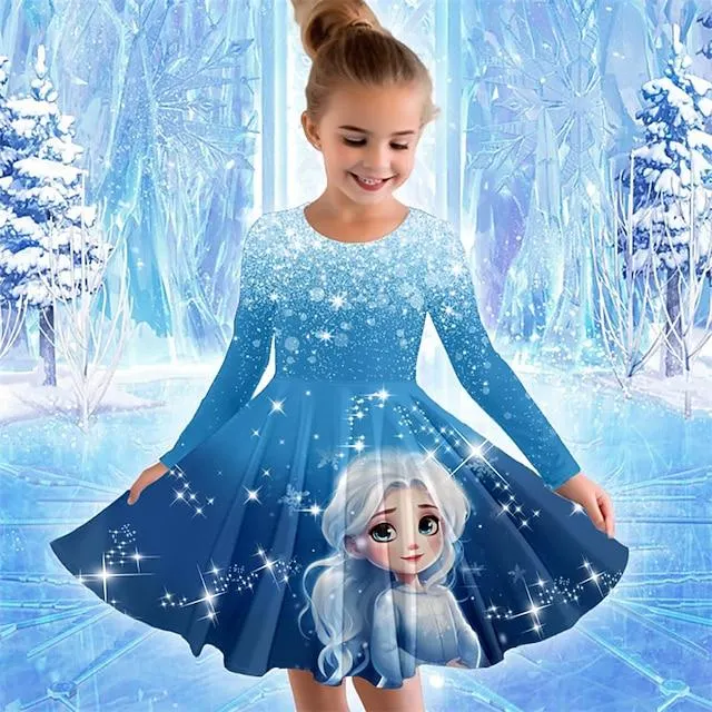 Girls ' 3D Caricatura Princesa Vestido Manga Larga Impresión 3D Primavera Otoño Deporte Diario Festivos Estilo lindo Casual Hermosa Niños 3-12 años Vestido informal Vestido de una línea Sobre la