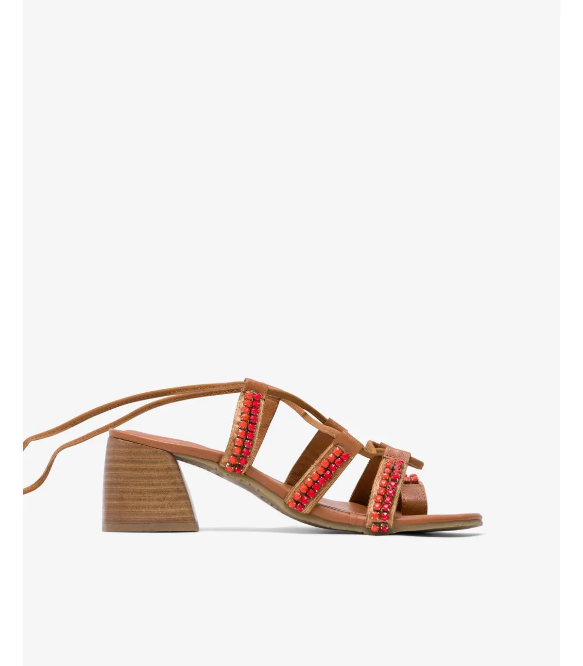 Sandalias tacón Mujer Piel con tiras y cuentas