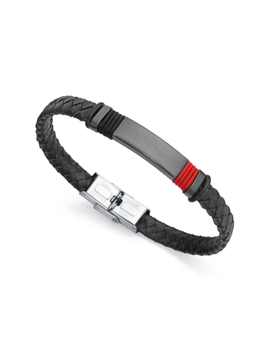Pulsera Magnum de piel negra con motivo en acero Ip Gun y cordón rojo
