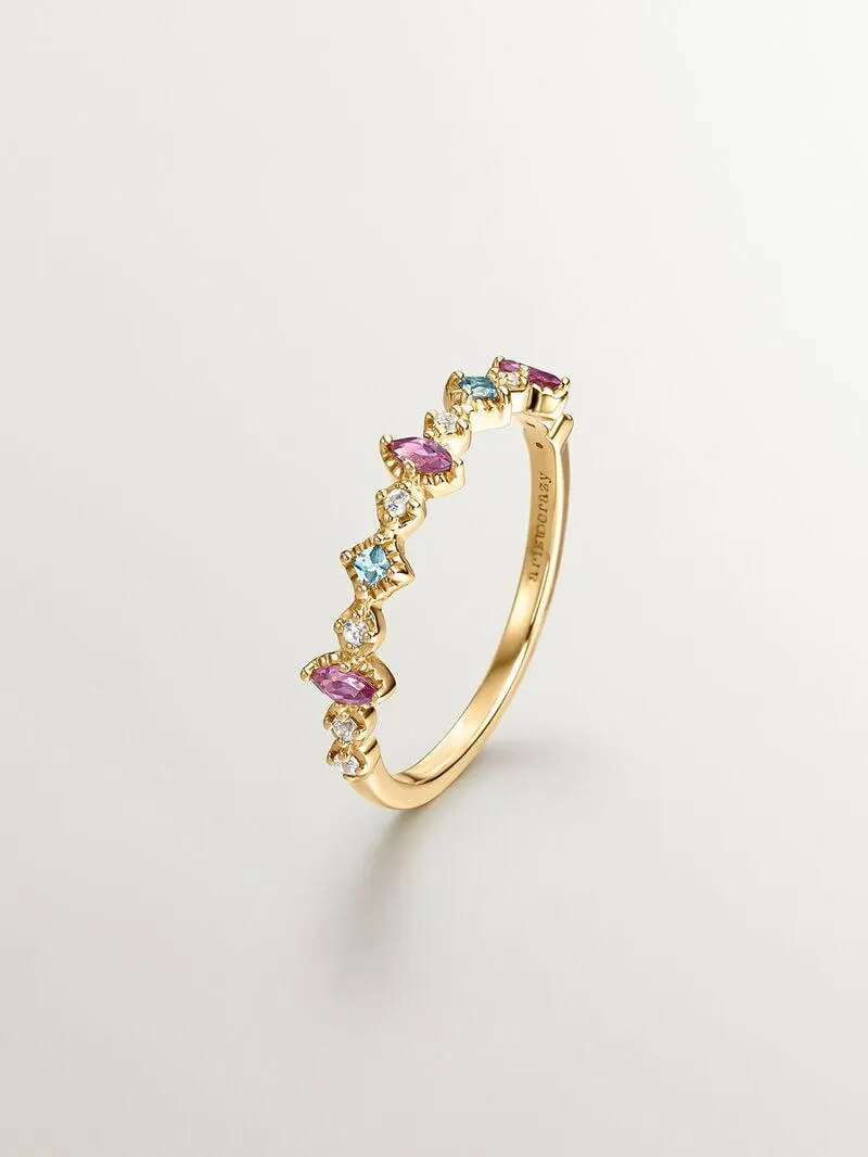 Anillo de plata 925 bañada en oro amarillo de 18K con topacios y rodolitas