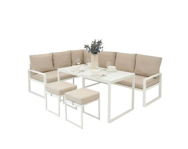 Sofa esquinero para exteriores con 2 taburetes y mesa - blanco