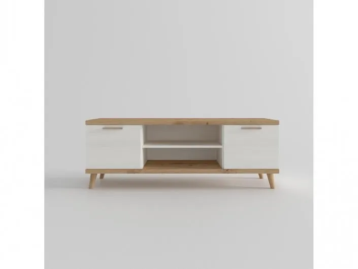 Mesa tv. 2 puertas y huecos con patas redondas color artisan-polar de 140 cm.