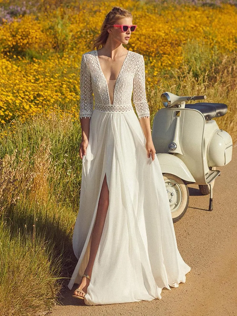 Vestido de novia bohemio Encaje Parte delantera abierta Corte en A Barrido Cintura natural Vestido de novia Botones funcionales Mangas 3/4 Escote en V Marfil