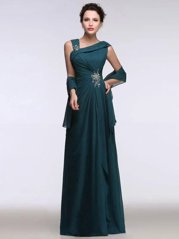 Vestido para la madre de los novios de chifón de color verde de hierba Escote diseñado sin mangas con cuentas