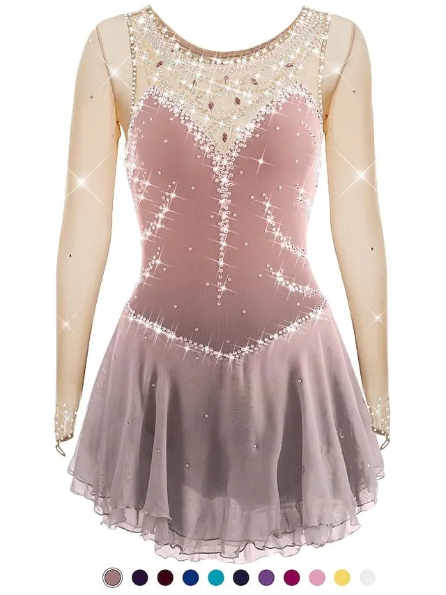 Vestido de patinaje artístico Mujer Chica Patinaje Sobre Hielo Vestidos Accesorios Violeta Blanco Morado Retazos Malla Licra Alta elasticidad Entrenamiento Competición Ropa de Patinaje Hecho a mano