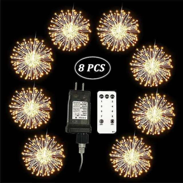 8pcs luces de fuegos artificiales decoraciones de navidad starburst total 800leds alambre de cobre hadas luces centelleantes enchufe luces de cadena control remoto 8 modos impermeables starburst luces