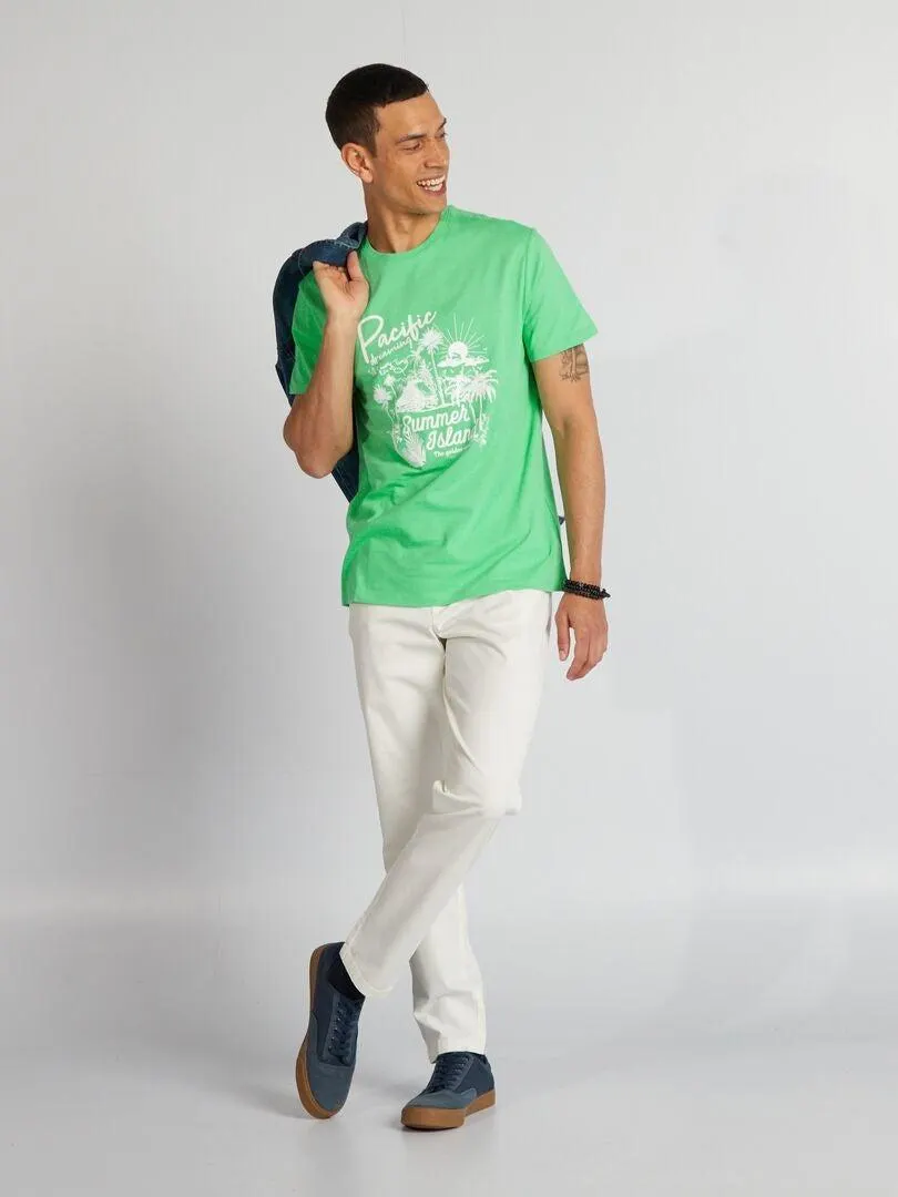 Camiseta de algodón estampada con cuello redondo - VERDE
