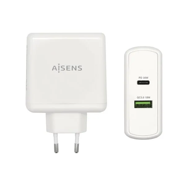 AISENS CARGADOR 48 W. 1X USB-C PD3.0 30 W. 1X USB-A QC3.0 18 W. BLANCO