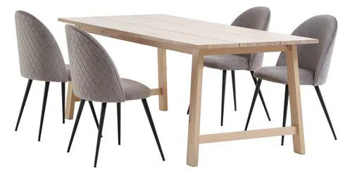 Mesa GADESKOV L200 roble + 4 sillas KOKKEDAL terciopelo gris