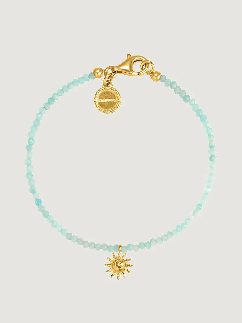 Pulsera de plata 925 bañada en oro amarillo de 18K con bolas de amazonita azul y colgante de sol