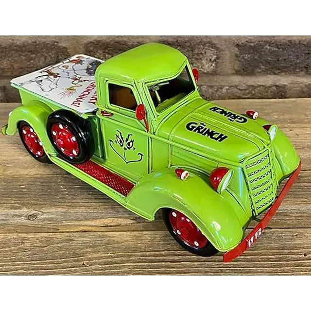 Decoración navideña de camión grinch, modelo de camioneta pickup de resina verde de granja navideña para decoraciones navideñas y decoración de mesa