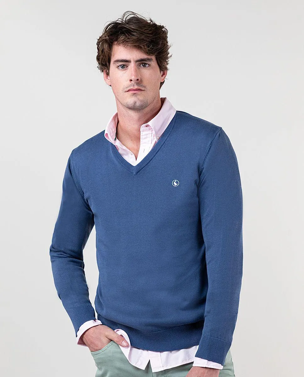 Jersey Cuello Pico Garment Dyed Azul