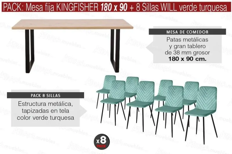 PACK Mesa KINGFISHER 180x90 + 8 Sillas WILL Verde Turquesa