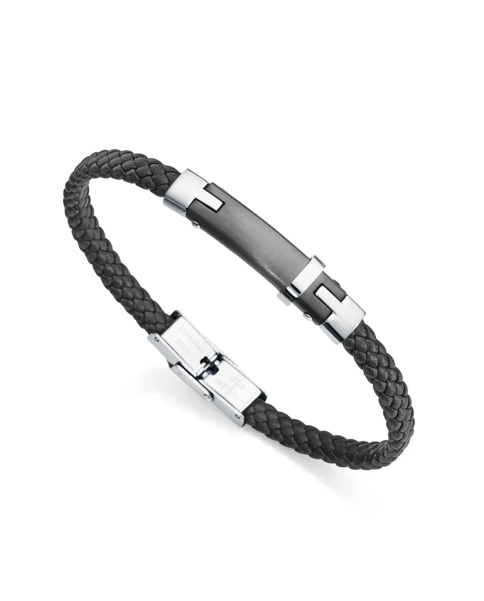 Pulsera Magnum de acero con Ip negro y piel negra trenzada