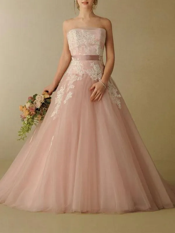 Vestidos de novia rosados Una línea Sin tirantes Sin mangas Sin espalda Cintura natural Fajín Encaje con tren Vestido de novia