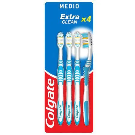 Cepillo de dientes Colgate Extra Clean elimina bacterias bucales, medio 4uds