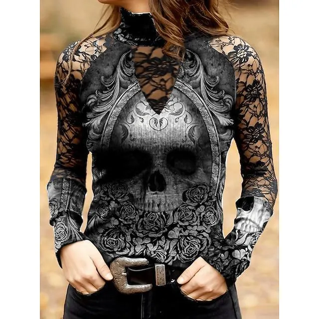 Mujer Camiseta Negro Cráneos Encaje Estampado Manga Larga Víspera de Todos los Santos Fin de semana Básico Cuello Alto Regular Pintura S