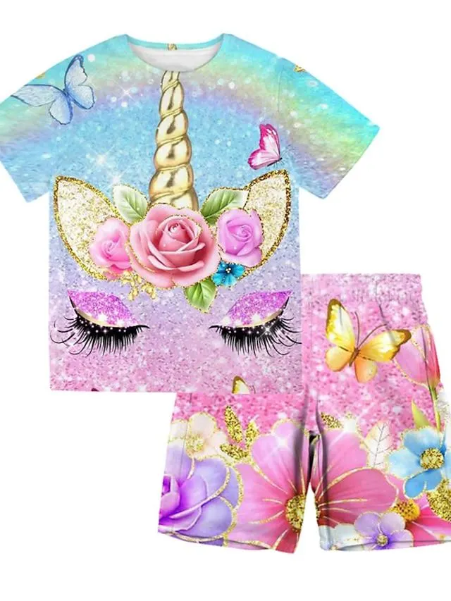 2 Piezas Niños Chica Camiseta y Bermudas Conjunto de Ropa Vestimenta Animal Unicornio Manga Corta Cuello redondo Establecer Exterior Activo Moda Estilo lindo Verano Primavera 3-13 años Rosa