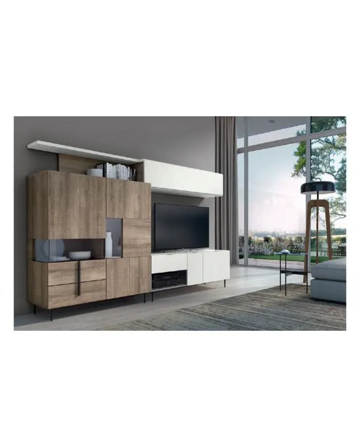 Mueble de TV con vitrina con cuatro puertas, estantería y cajones en color madera roble con acabados en color blanco en Nattex