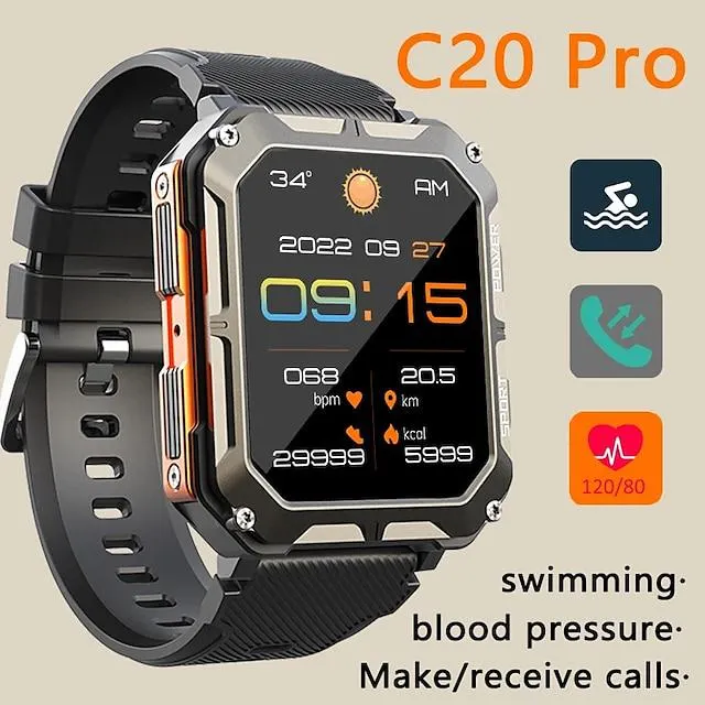 C20 pro smartwatch bluetooth llamada detección de presión arterial ip68 impermeable hombres natación buceo deportes smartwatch