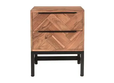 Mesilla de noche con estampado de espiga de acacia maciza y metal negro STICK