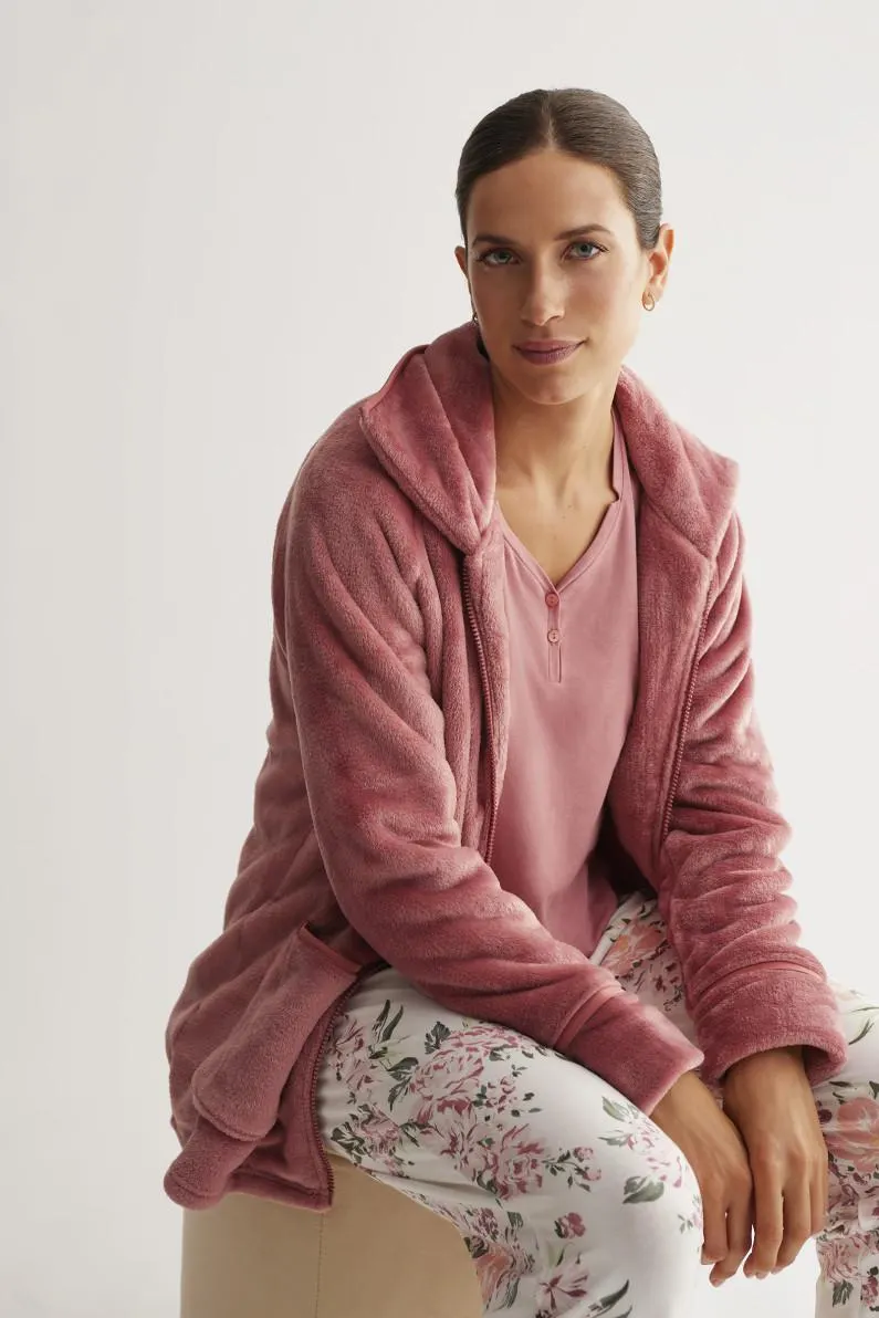 PIJAMA 3 PIEZAS PANTALÓN LARGO CON CAMISETA MANGA LARGA MODAL/ ALGODÓN Y BATA TEJIDO SEDALINA CON CREMALLERA