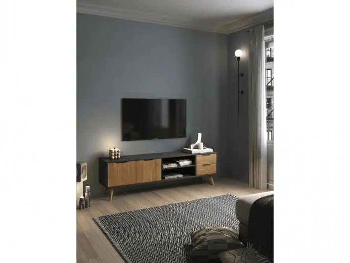 Mueble tv 2 puertas, 2 cajones y 2 huecos color pino bocamina-cera