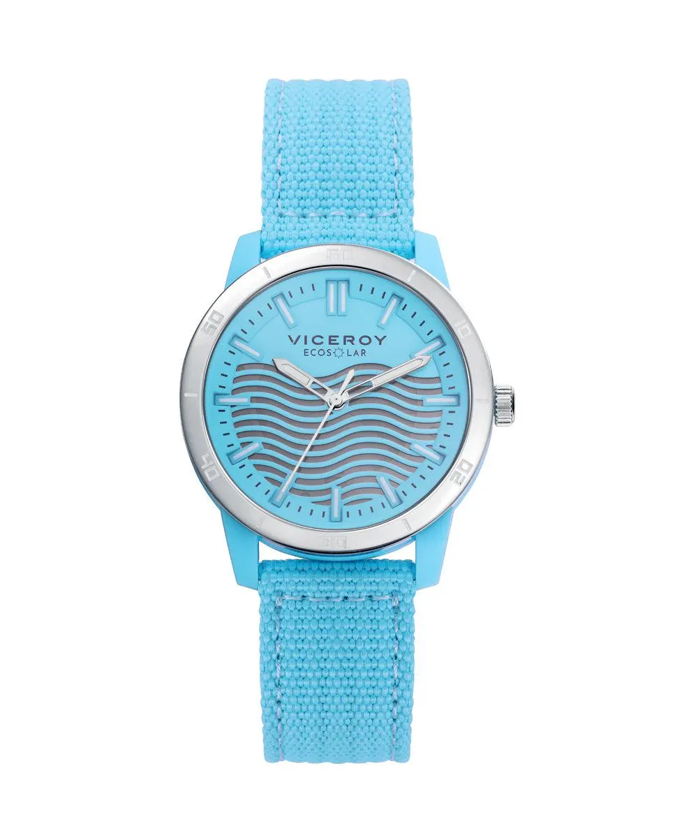 Reloj de mujer Ecosolar con caja de plástico reciclado y correa azul de nylon