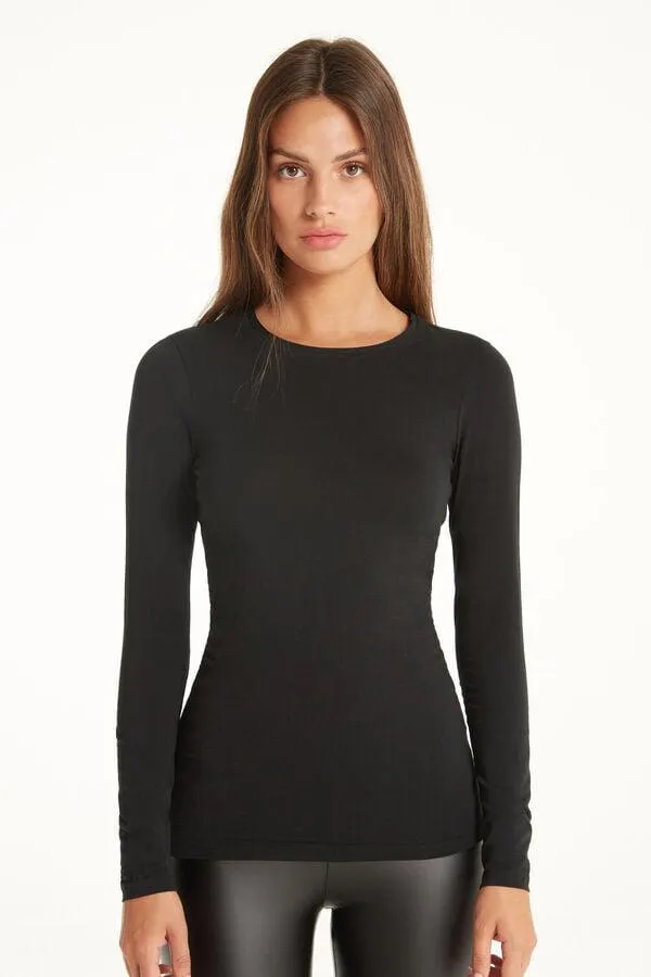 Camiseta de Manga Larga Escote Redondo de Algodón Elastizado